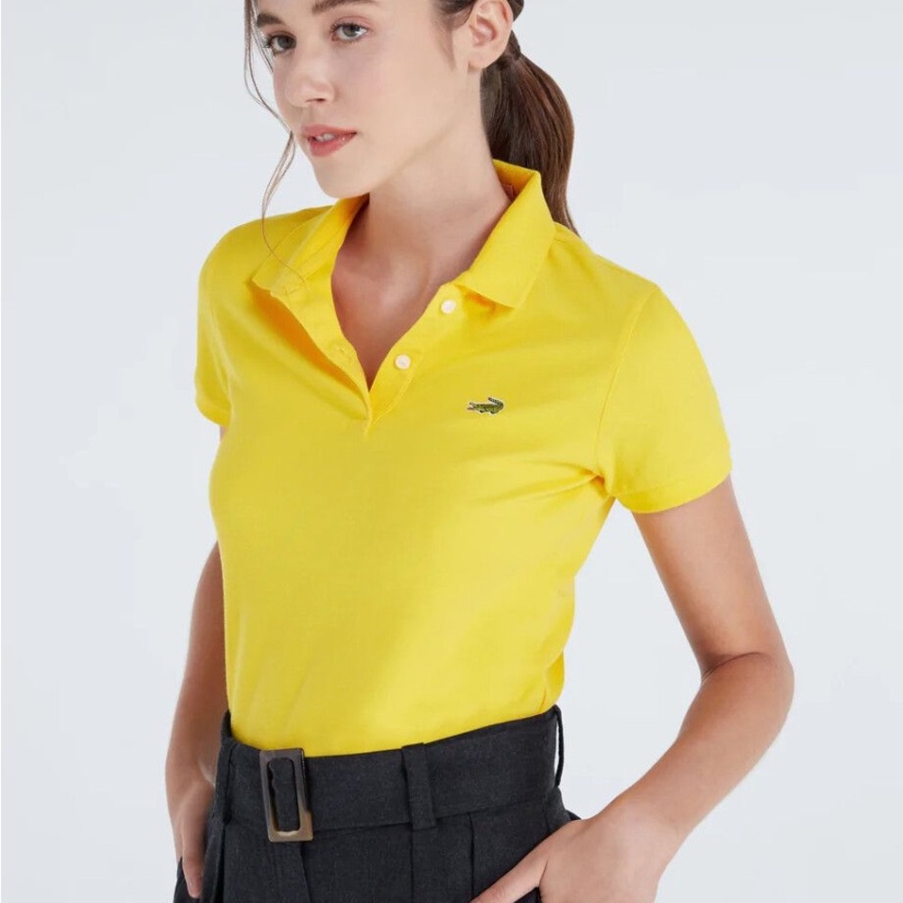 🐊Lacoste Women's Bright Yellow Short Sleeve Polo-Size EU 42 / Medium/Size 10